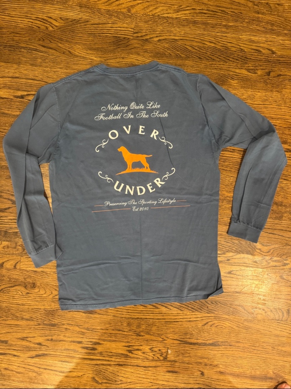 Over Under Men's Long Sleeve Graphic Tee - Slate Blue with Orange Logo